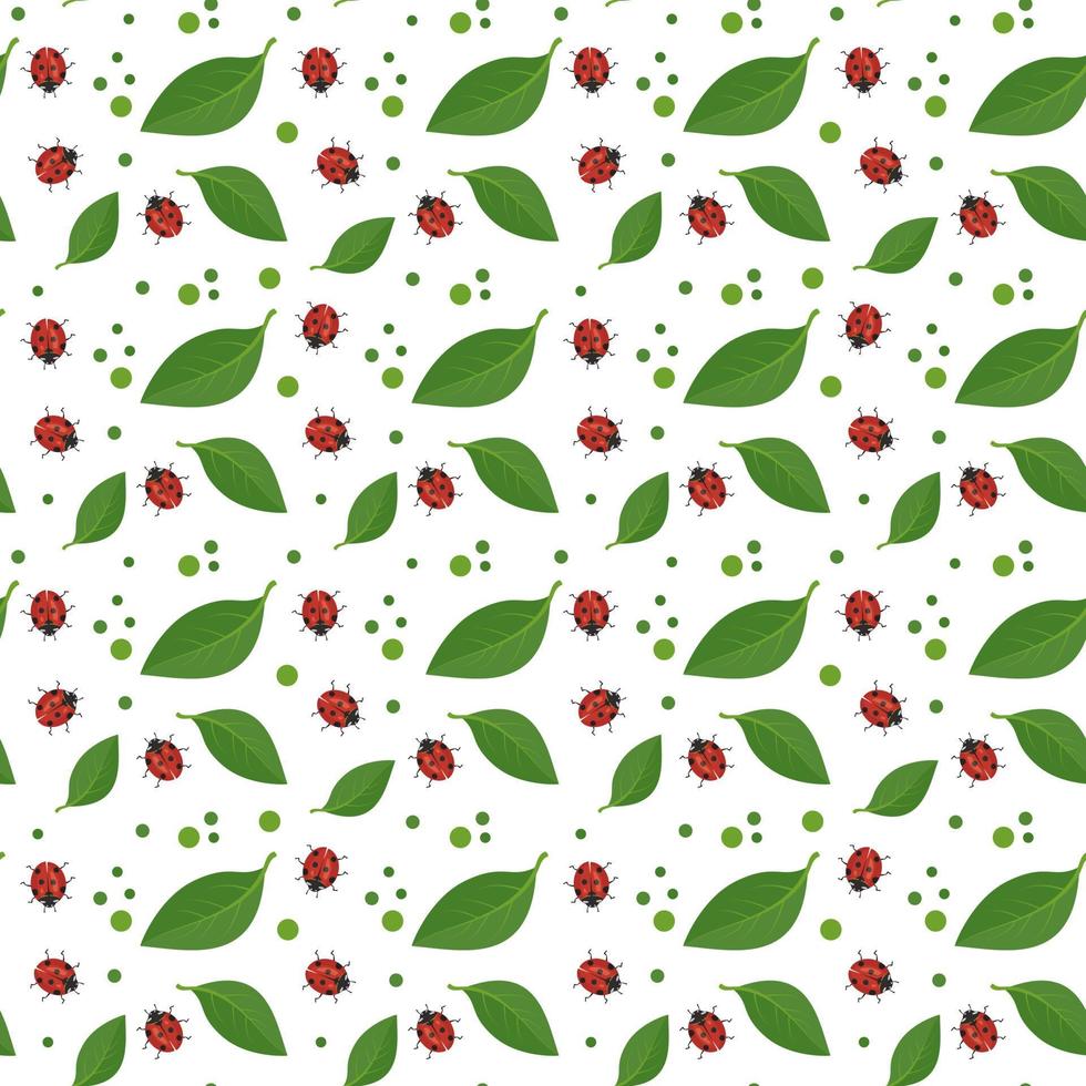naadloos patroon met rood lieveheersbeestje en groene bladeren op de achtergrond. print van lentedecoratie. platte vectorillustratie vector