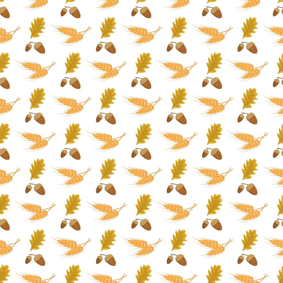 naadloze herfst patroon met eikels, eikenbladeren en oren van tarwe op witte achtergrond. heldere herfstoogstprint voor textiel en design. platte vectorillustratie vector