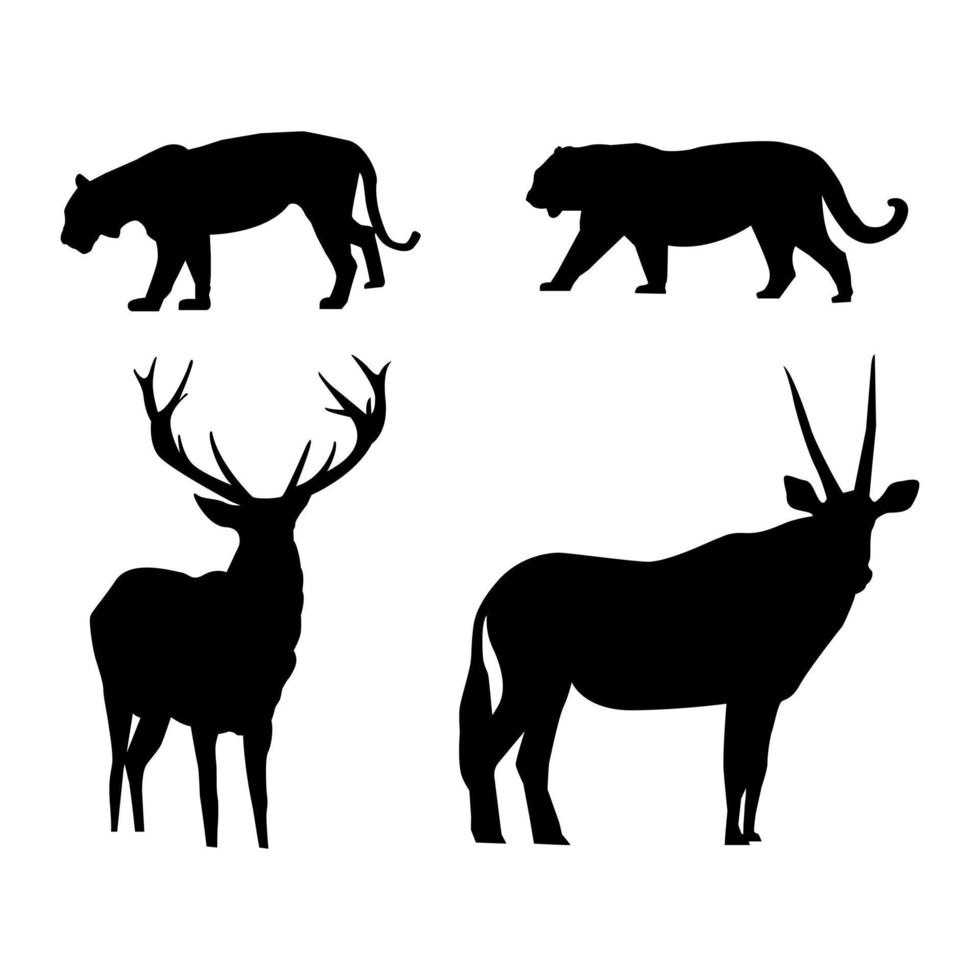 set van dieren in het wild dier tijgers, herten, elanden silhouet illustratie vector