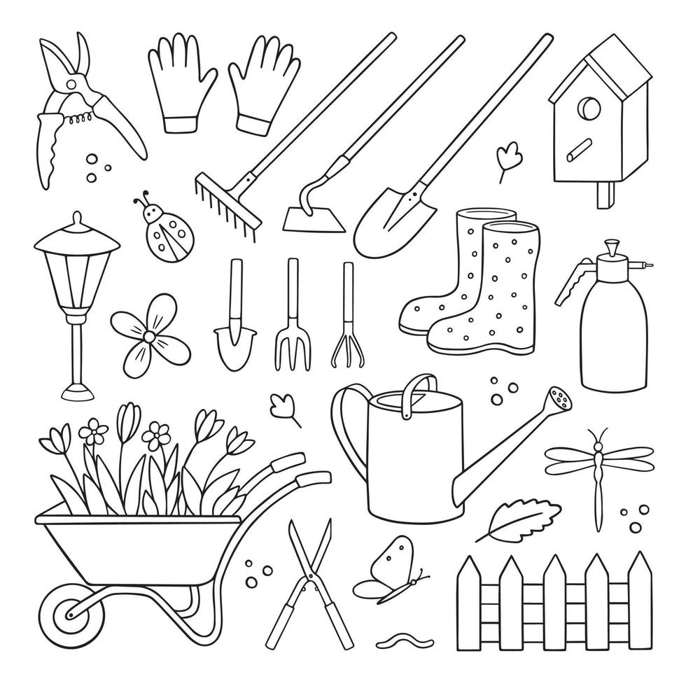 hand getekende set van tuinieren doodle. tuingereedschap, landbouw, apparatuur in schetsstijl. vectorillustratie geïsoleerd op een witte achtergrond. vector