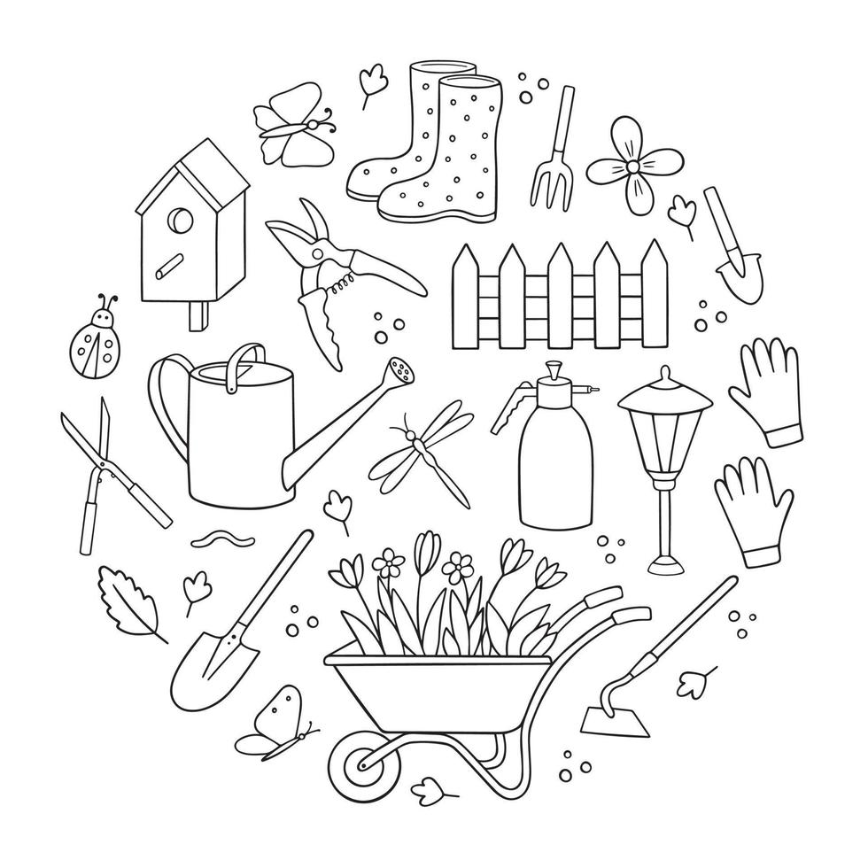 hand getekende set van tuinieren doodle. tuingereedschap, landbouw, apparatuur in schetsstijl. kruiwagen met bloemen, gieter, schop, snoeischaar. vectorillustratie geïsoleerd op een witte achtergrond. vector