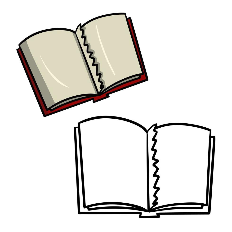 kleurenset met schetsafbeelding, kleurboek. een oud open boek met een gescheurde pagina, cartoon vectorillustratie op een witte achtergrond vector