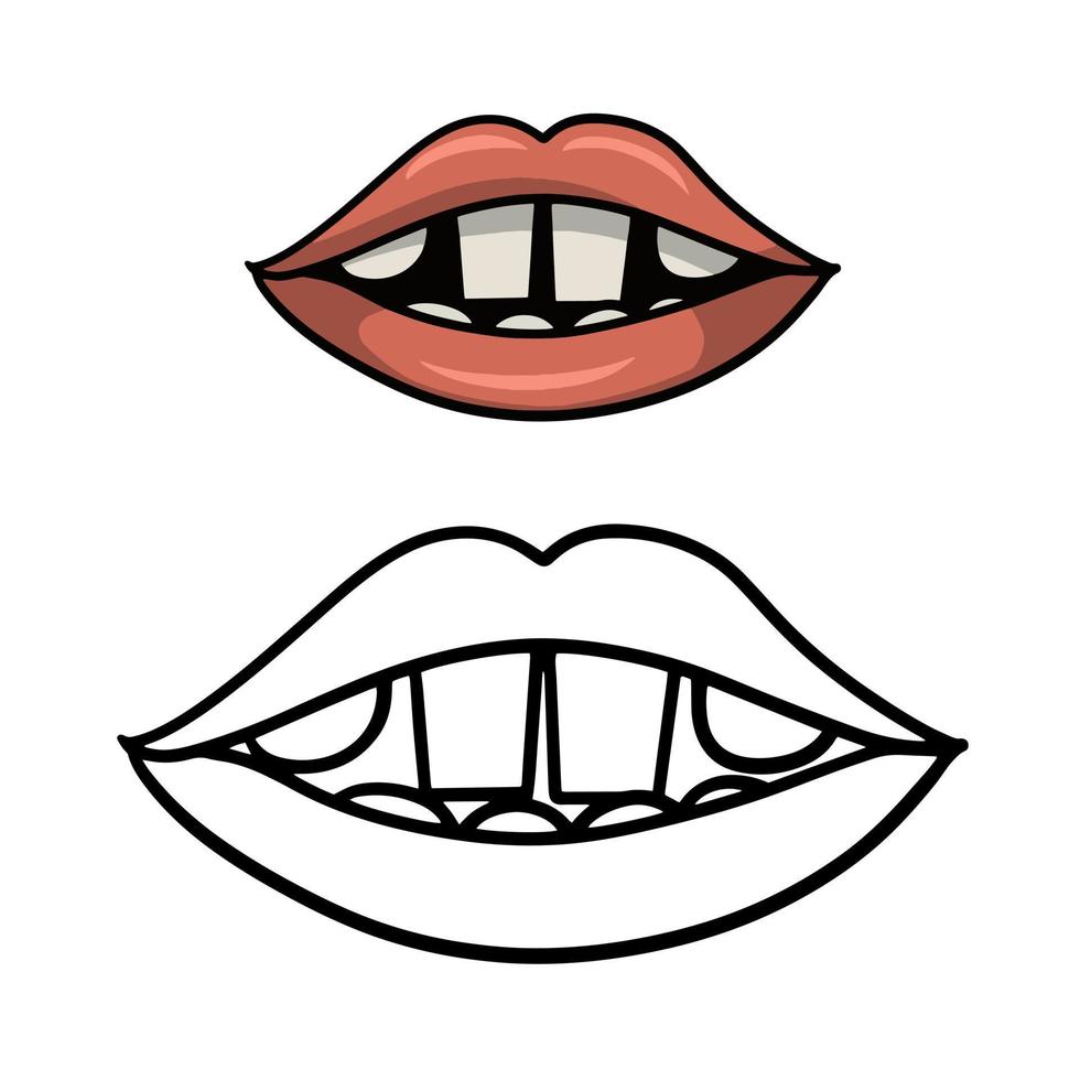 set kleurenafbeelding met schetsafbeelding, kleurboek. cartoon roze lippen met witte vierkante grote tanden, vectorillustratie op beige background vector