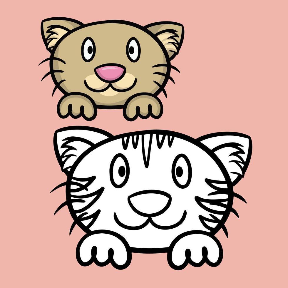 een set kleur- en schetstekeningen, een kleurboek. schattige cartoon beige kitten kijkt en glimlacht, kattengezicht met poten, vectorillustratie op een lichte achtergrond vector