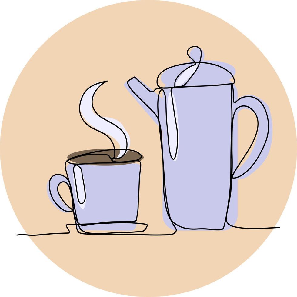 een kop warme koffie en een koffiepot op een ronde beige achtergrond. vector illustratie stijl lijn.