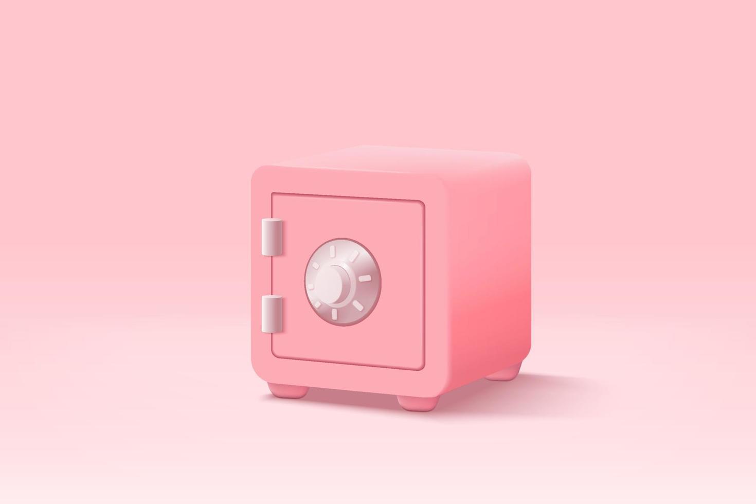 3D-kluis minimaal ontwerp voor schat op roze pastelachtergrond. schat met goud en geld in kluis, geldbesparing, opgeslagen geldconcept. 3D beveiligde doos vector render geïsoleerde pastel background