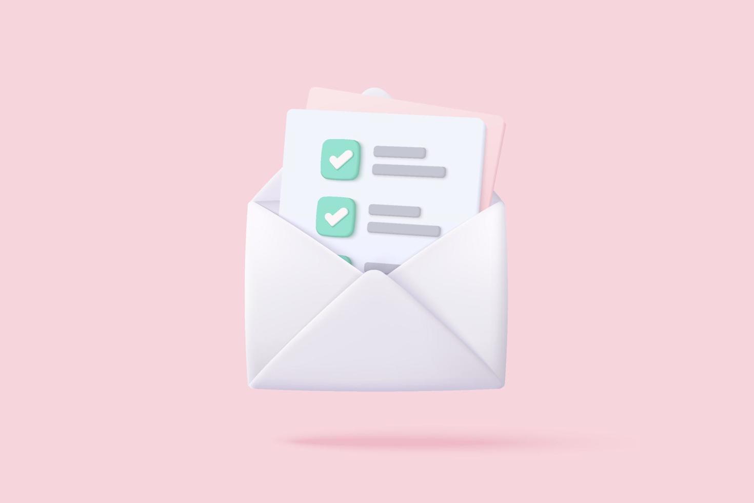 3D-mail enveloppictogram met taakbeheer todo checklist op roze achtergrond. minimale e-mailbrief met gelezen briefpapier, opdracht en examen. bericht concept 3d vector render geïsoleerde background
