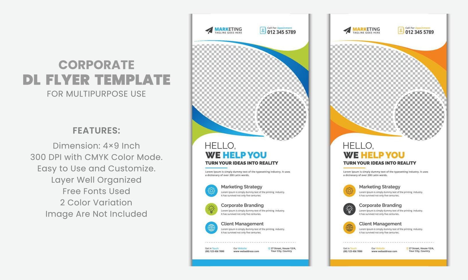 blauwe, gele kleur moderne schone standaard zakelijke dl flyer rekkaart sjabloonontwerp voor zaken, marketing, reclame en multifunctioneel gebruik vector