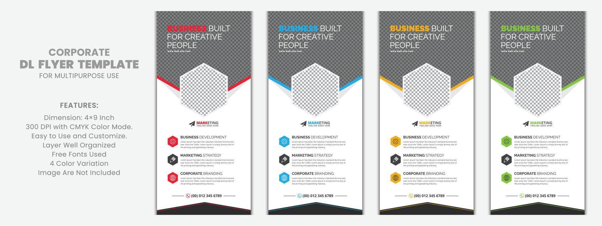 corporate dl flyer rack card vector sjabloonontwerp voor business, marketing, reclame, multifunctioneel gebruik met rode, blauwe, gele en groene kleurvariaties
