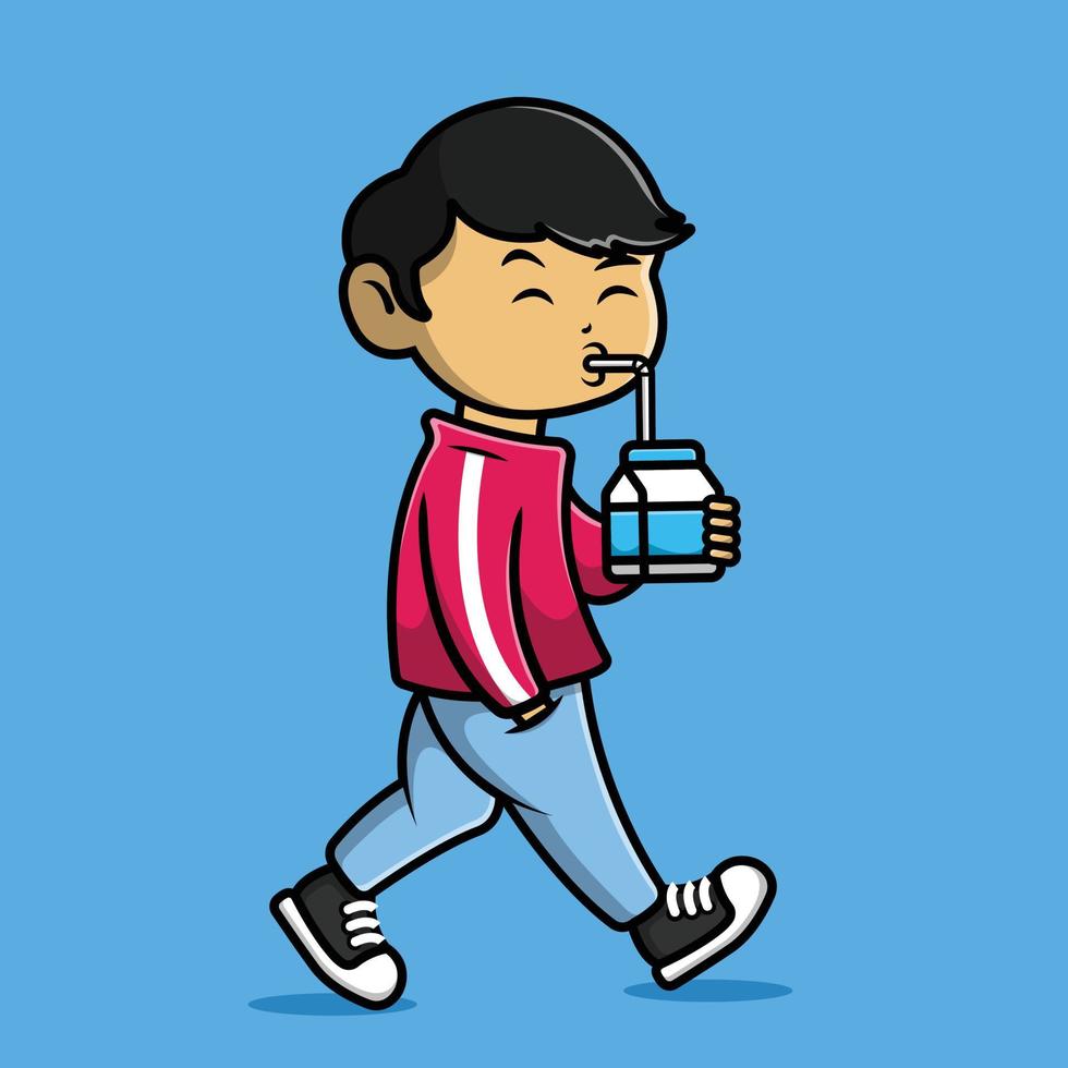 coole jongen wandelen met consumptiemelk cartoon vector pictogram illustratie. mensen eten pictogram concept geïsoleerde premium vector.