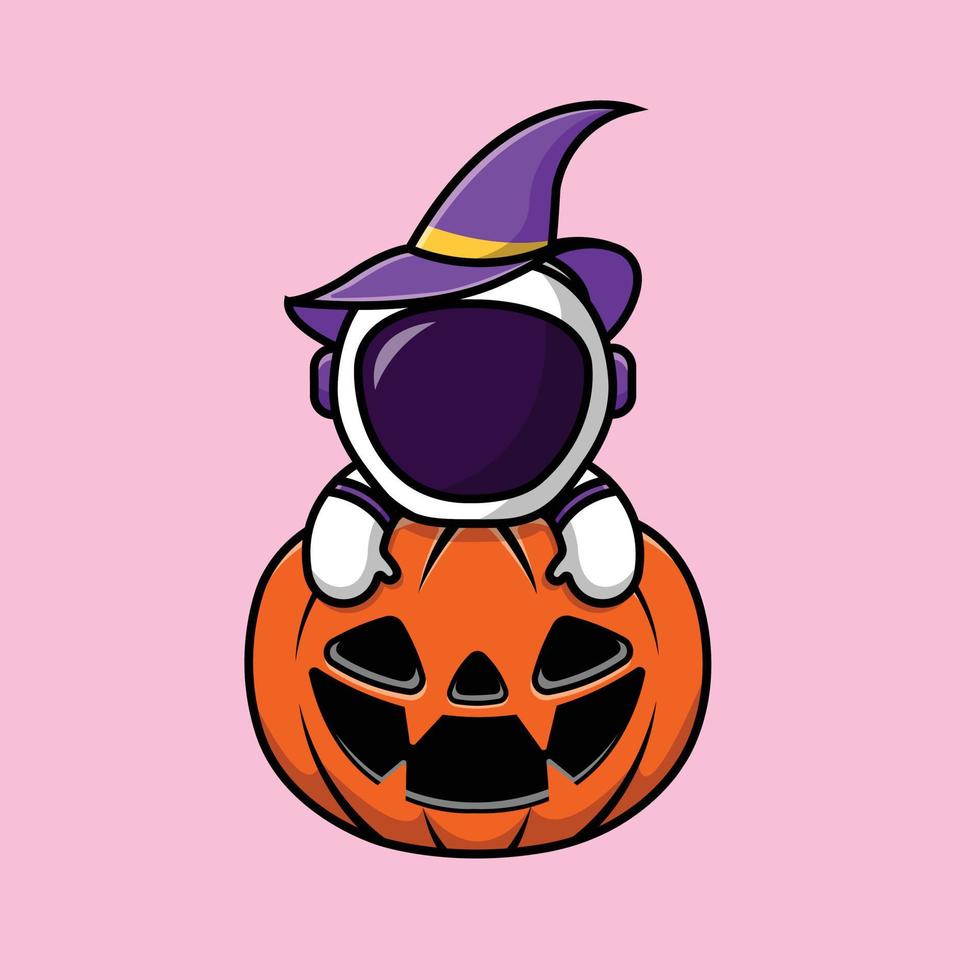 schattige heks astronaut op pompoen halloween cartoon vector pictogram illustratie. mensen halloween pictogram concept geïsoleerde premium vector.