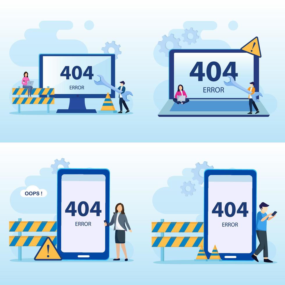 404 fout illustratie onderhoudssysteem technologie. weergegeven: 404 probleembericht met internetverbinding, platte vector