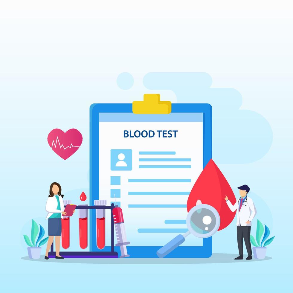 medisch bloedonderzoek plat concept. chemische laboratoriumanalyse, medisch kantoor of laboratorium. vector