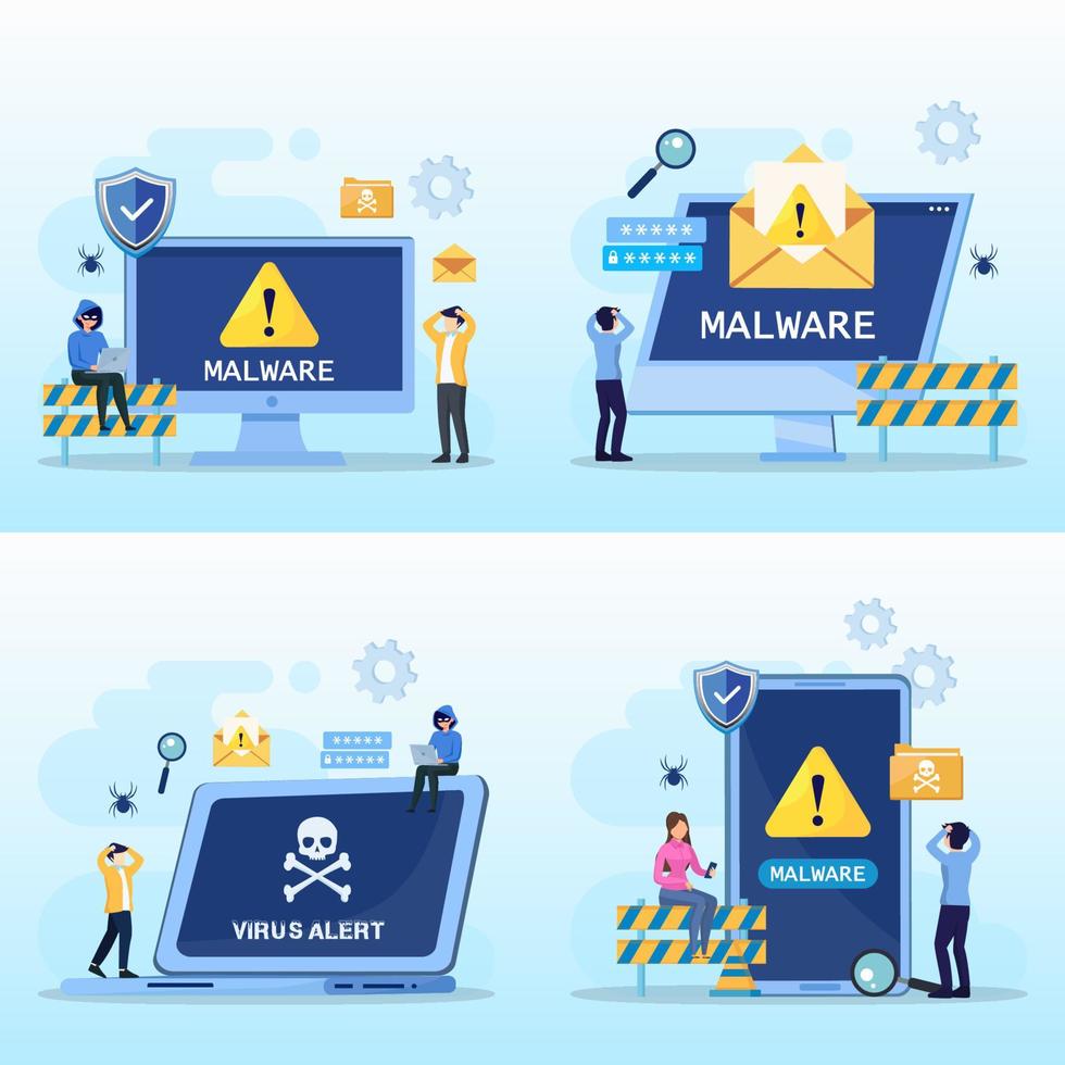 virus malware gedetecteerd concept, virussen vallen waarschuwingsborden aan, hacking waarschuwingsberichten vector