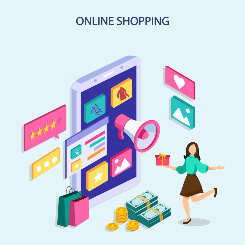 online winkelen isometrisch concept. mobiele telefoon met tassen winkelen. vector