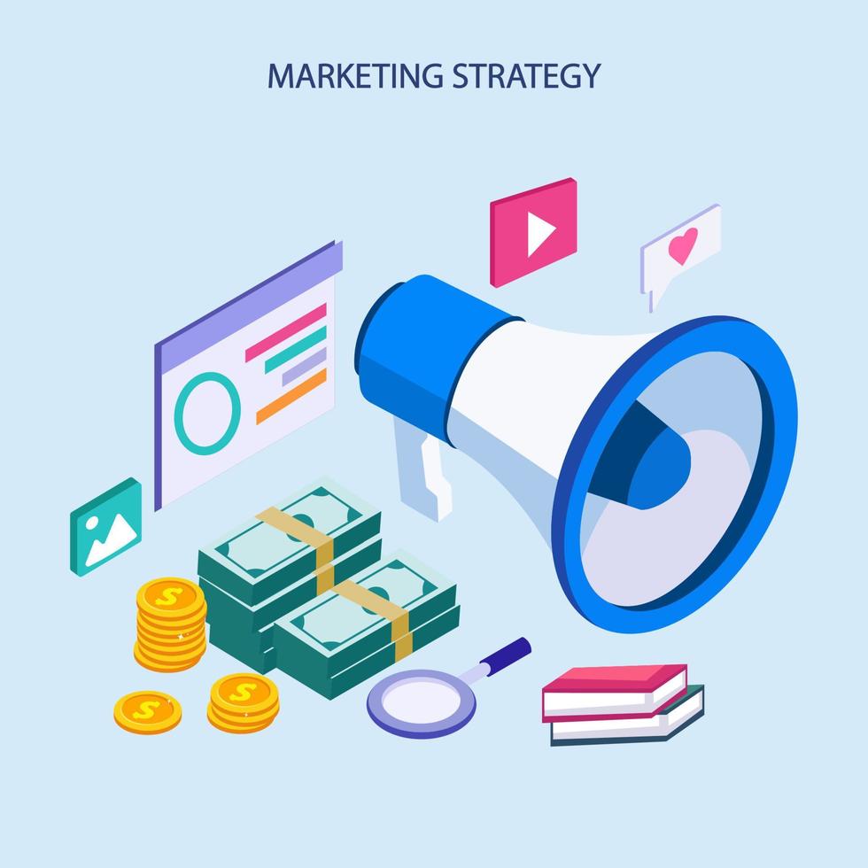 vector isometrische marketingstrategie. bedrijfsanalyse, contentstrategie en managementconcept.
