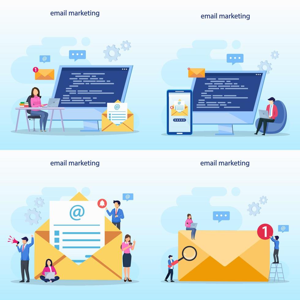 e-mailmarketingconcept, e-mailmarketingdiensten, reclamecampagne, digitale promotie, online bedrijfsstrategie, platte vectorsjabloon vector