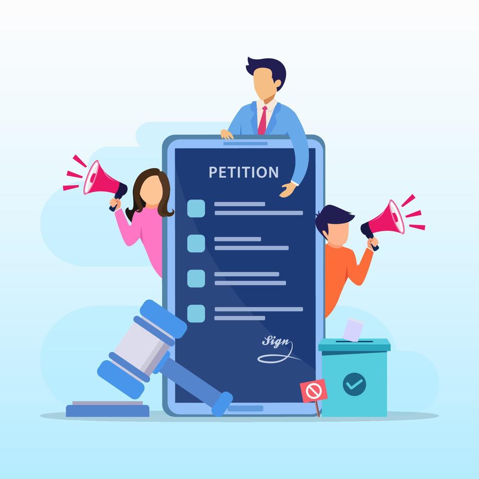 petitie formulier concept. mensen die een petitie of klacht ondertekenen en verspreiden. platte vector