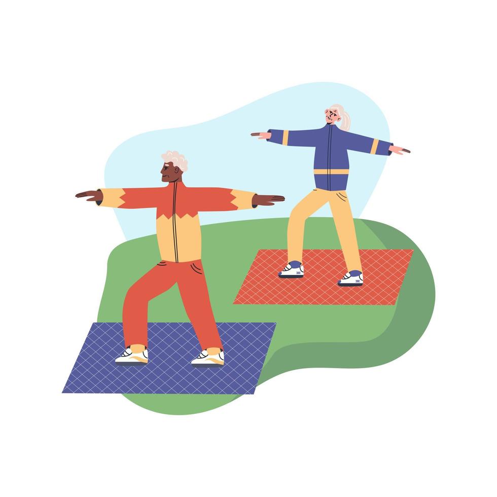 gelukkig hoger paar die yoga saldooefeningen in park doen. oudere man en vrouw leiden een actieve levensstijl. oma en grootvader platte moderne vectorillustratie vector