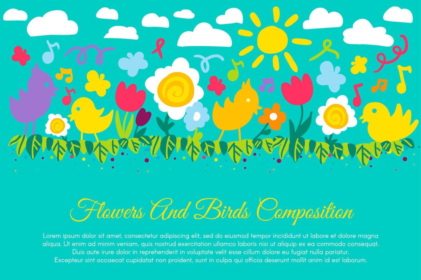 vogels en bloemen platte banner met copyspace vector