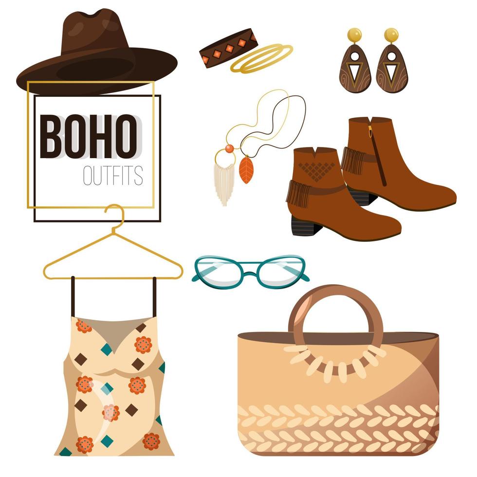 een set van boho, Scandinavische modieuze outfits geïsoleerd op een witte achtergrond. tekenfilm clipart. vector