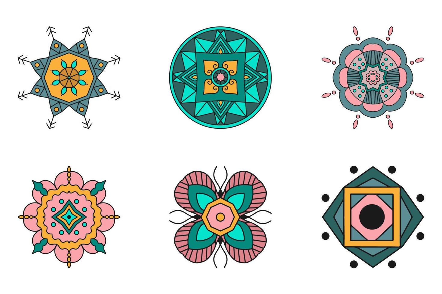 een set van vector gekleurde geometrische ornamenten met een zwarte omtrek. illustratie voor tatoeage, logo, yogacentrum, indisch festival en nog veel meer. vector ornamenten geïsoleerd op een witte achtergrond.