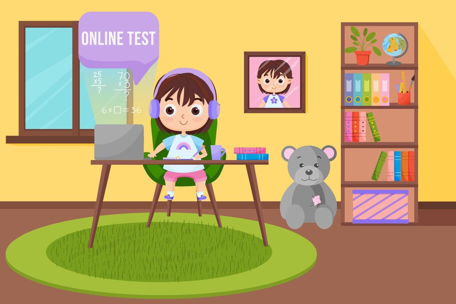 kinderen leren online test. online test thuis, concept voor afstandsonderwijs. premium vector