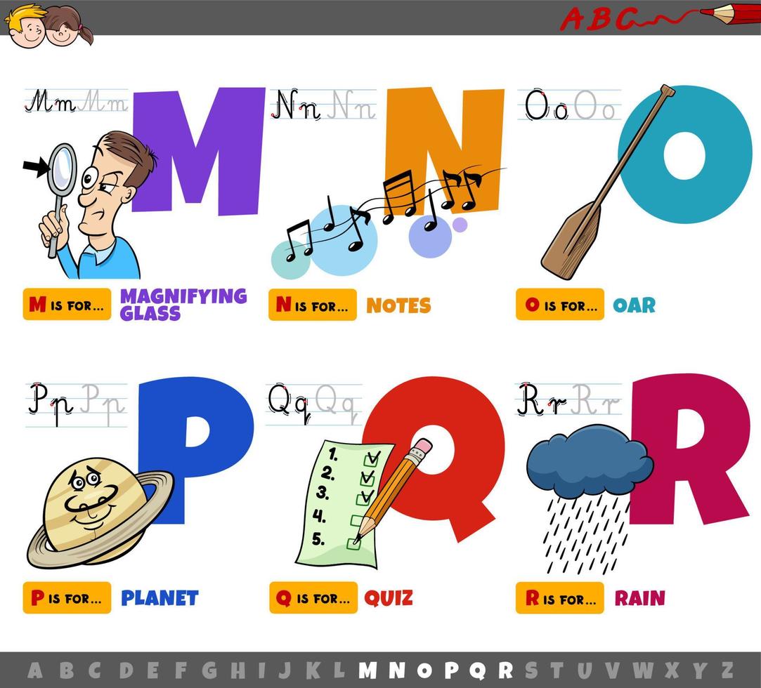 educatieve cartoon Alfabetletters voor kinderen van m tot r vector