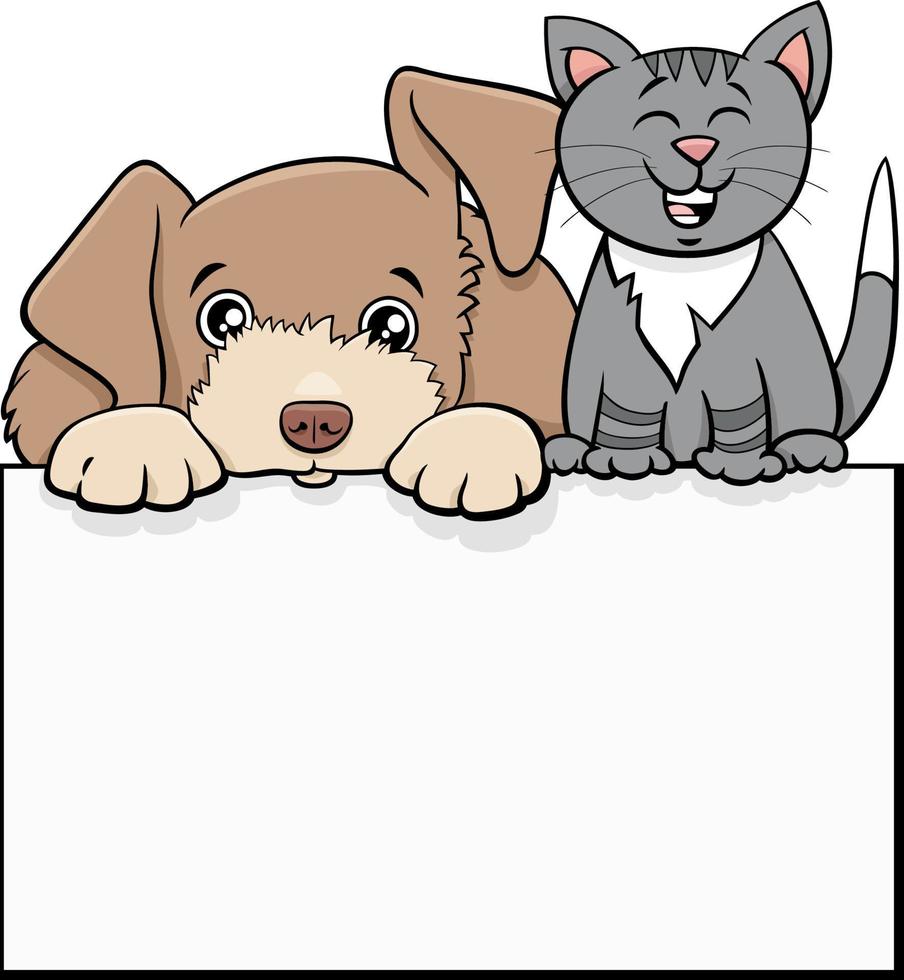 cartoon hond en kat met leeg uithangbord grafisch ontwerp vector