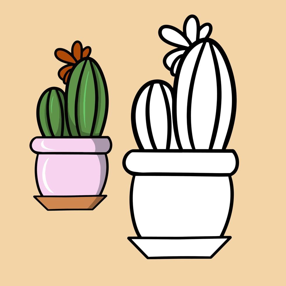 een set gekleurde en schetsmatige afbeeldingen. ronde groene cactus met een bloem in een roze keramische pot, vectorillustratie op een lichte achtergrond vector