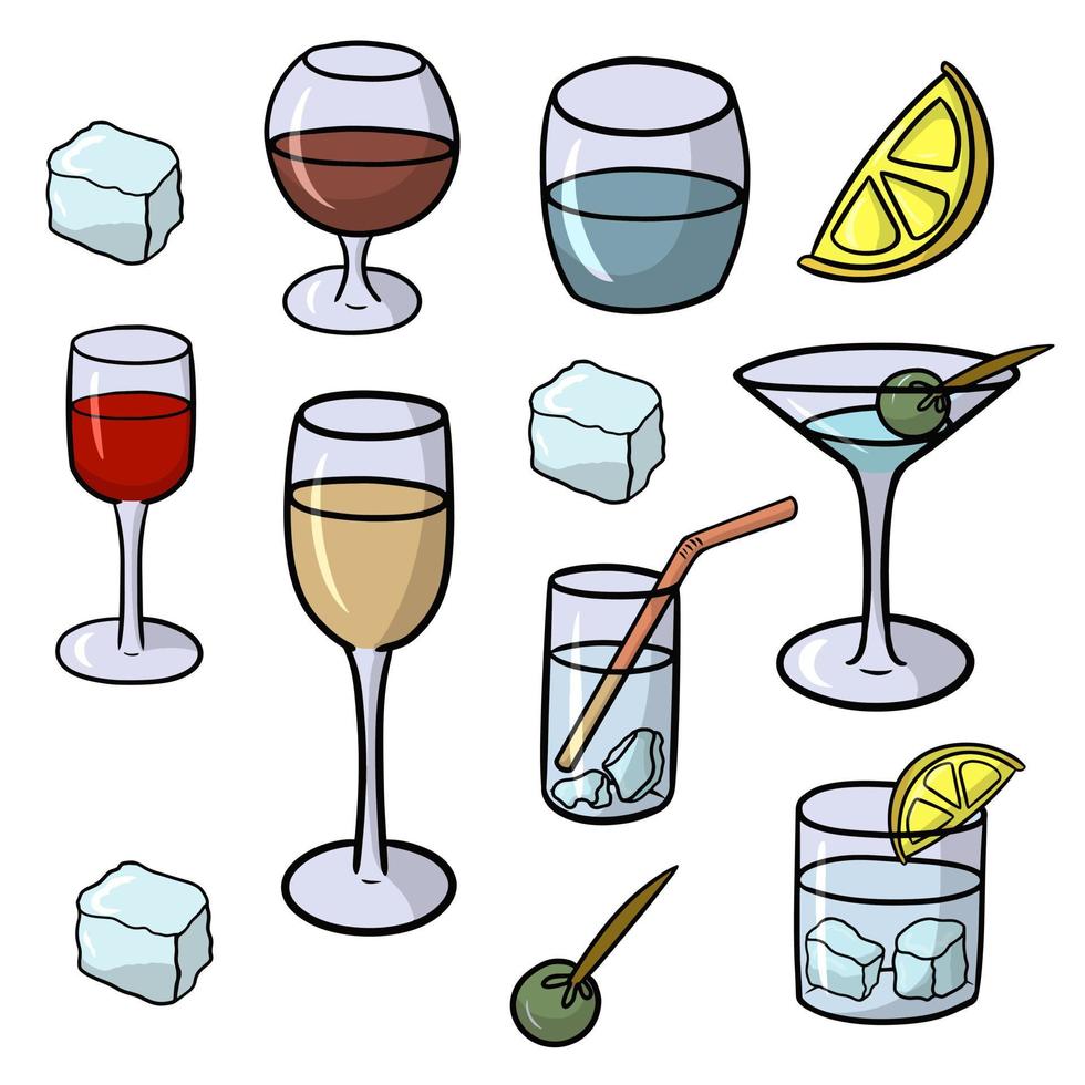 kleur vectorillustratie. een grote set met diverse glazen met alcoholische en non-alcoholische dranken, attributen voor ontspanning vector