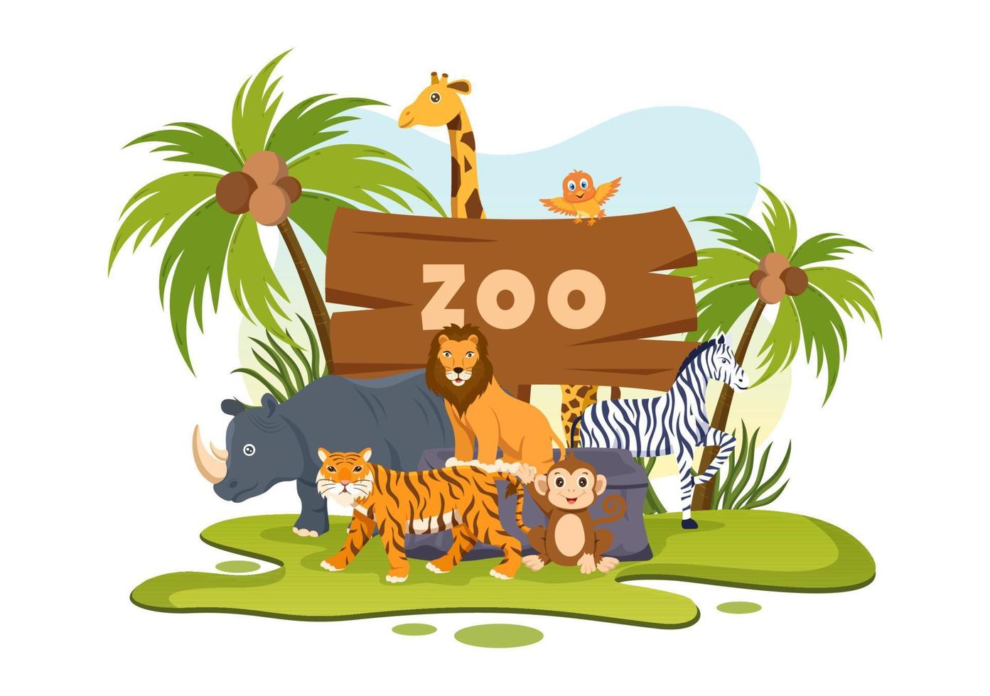 dierentuin cartoon afbeelding met safari dieren olifant, giraf, leeuw, aap, panda, zebra en bezoekers op grondgebied op bos achtergrond vector