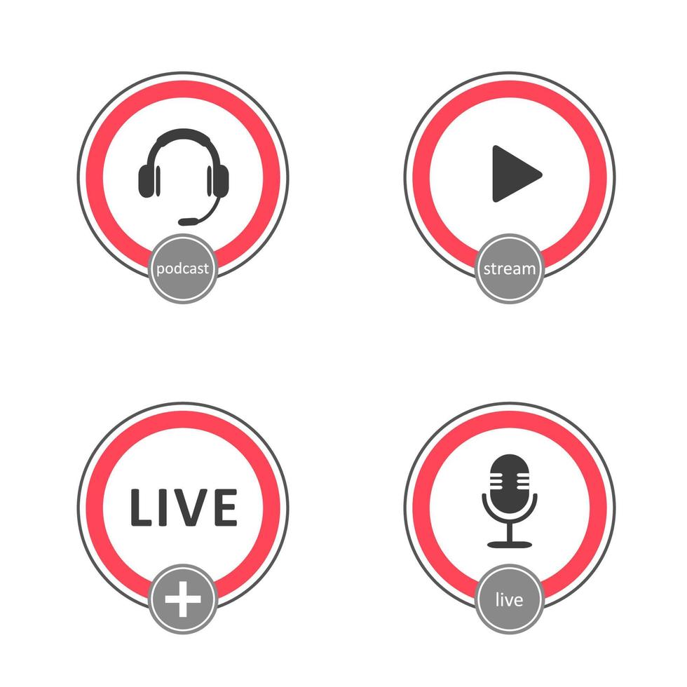 podcast-logo ingesteld. symbolen en knoppen van live streaming, uitzending. vector