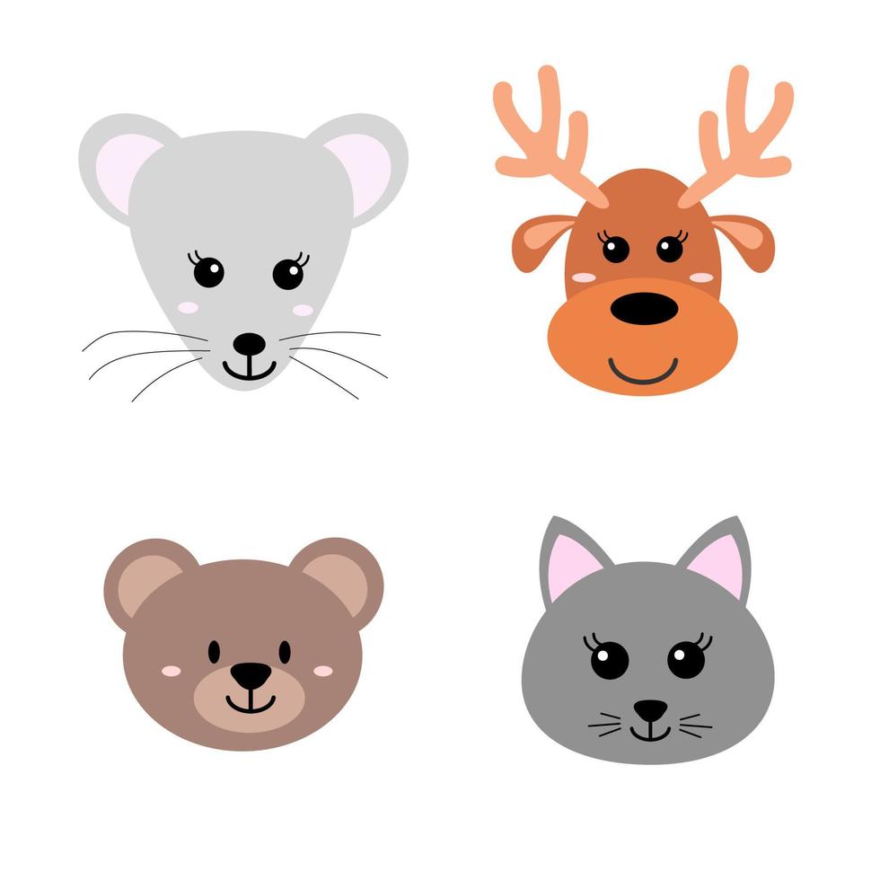 set van schattige handgetekende lachende dieren - muis, hert, beer en kat. tekenfilm dierentuin. vectorillustratie. dieren voor het ontwerpen van kinderproducten in scandinavische stijl. vector