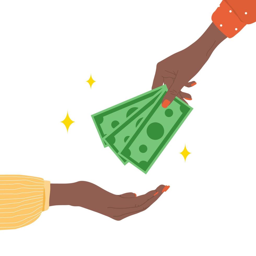 geld overmaken. Afrikaanse vrouwelijke hand die groene rekeningen geeft. donatie, liefdadigheid of betaaldag concept. financieel symbool. bank- of zakelijke dienstverlening. vectorillustratie in platte cartoonstijl vector