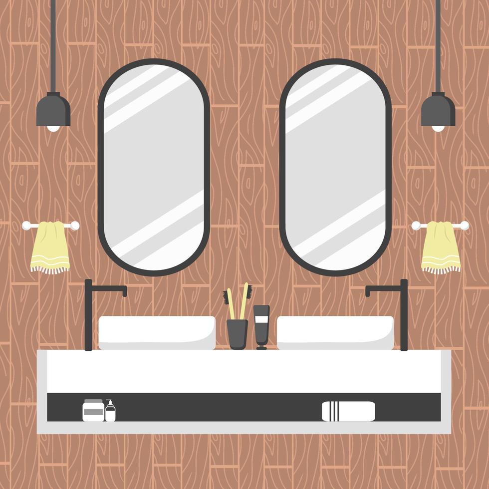 modern badkamerinterieur in scandi-stijl. gezellige kamer met twee ovale spiegels en witte wastafels. vector