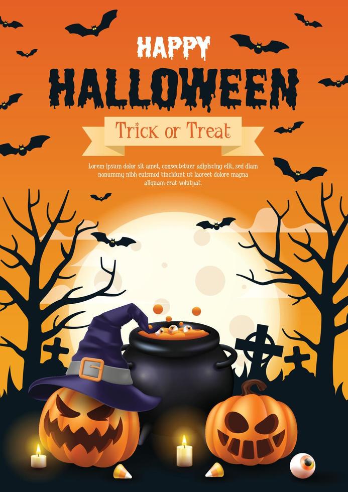 gelukkige halloween-poster. halloween vectorillustratie met halloween pompoenen en halloween elementen. vector
