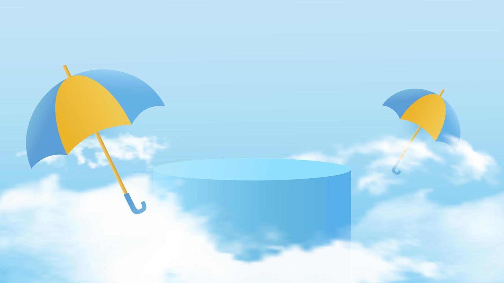 cilindrisch podium voor het uitstallen van producten tijdens het regenseizoen. ontwerp met realistische wolken en kleurrijke paraplu's. vectorillustratie. vector