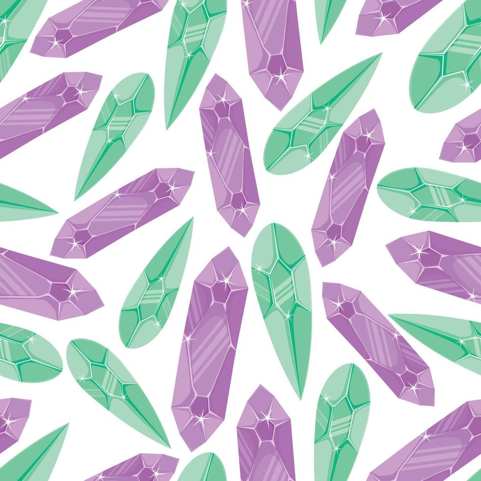 naadloos patroon met lichtgroene en paarse magische kristallen in een eenvoudige minimalistische vlakke stijl op een witte achtergrond vector