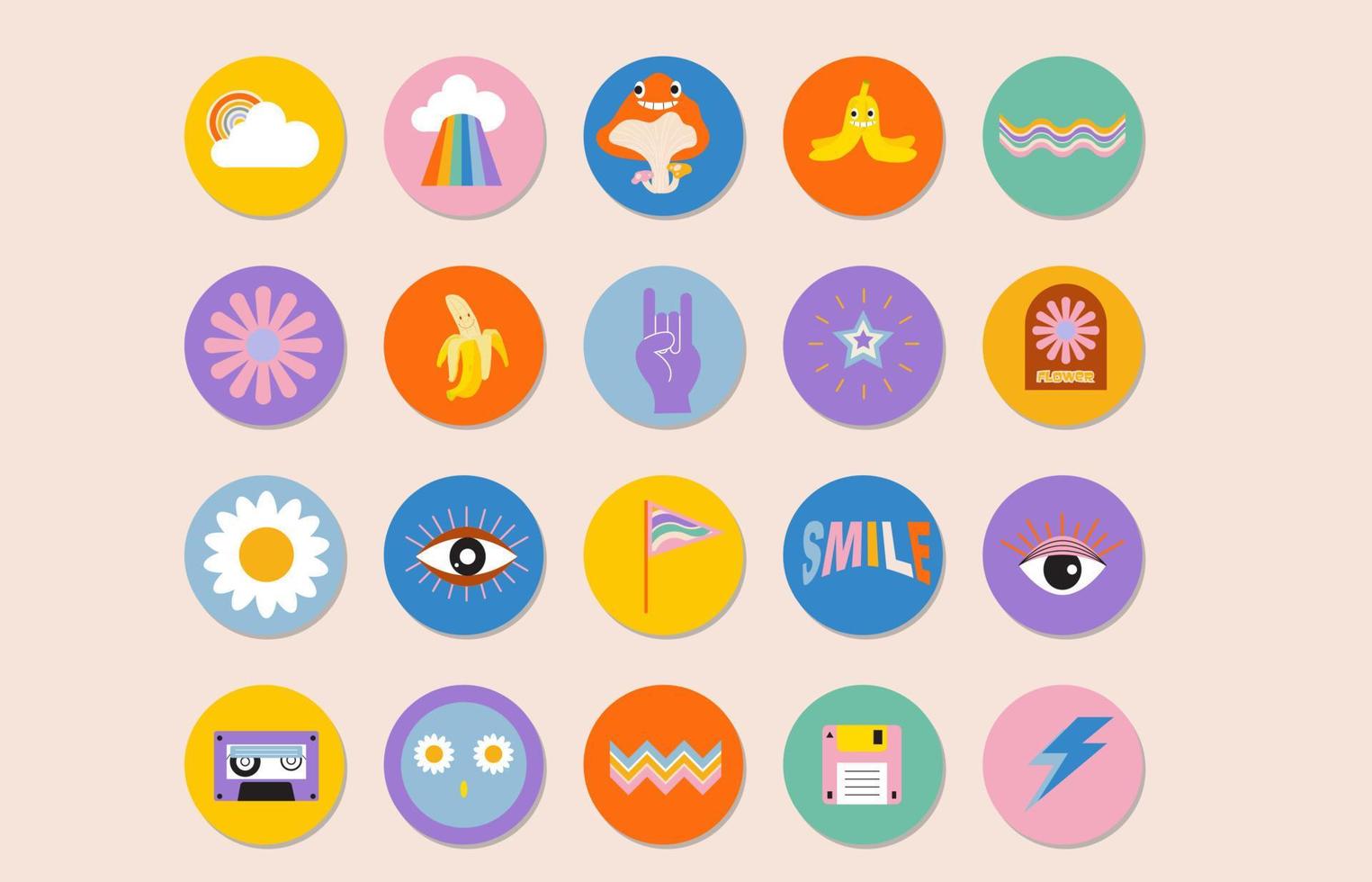 groovy objectcollectie met paddenstoel, hart, regenboog voor sociale media, sticker vector