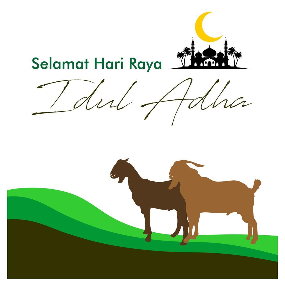 eid al adha platte vectorillustratie met geit of schaap dier en moskee. offer dier viering islamitisch evenement. selamat hari raya idul adha betekent gelukkige eid al-adha ook wel feestelijke offerande genoemd vector