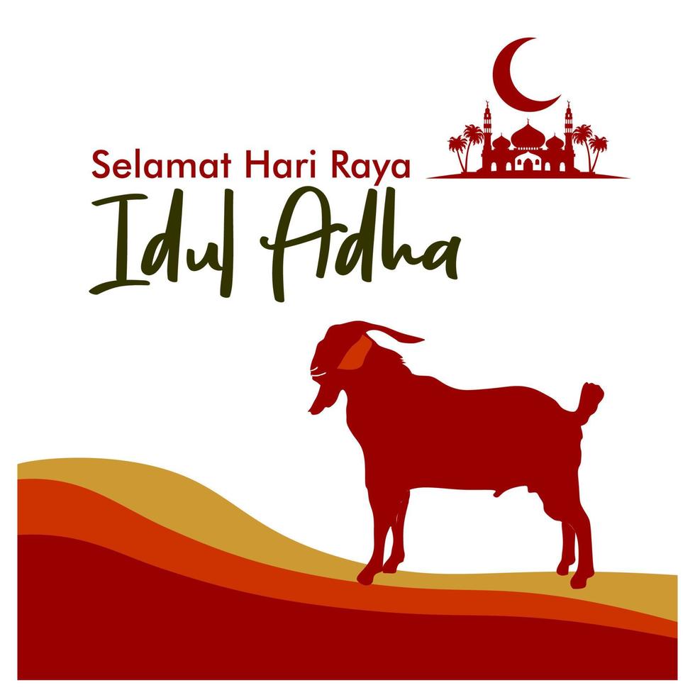 eid al adha platte vectorillustratie met geit of schaap dier en moskee. offer dier viering islamitisch evenement. selamat hari raya idul adha betekent gelukkige eid al-adha ook wel feestelijke offerande genoemd vector