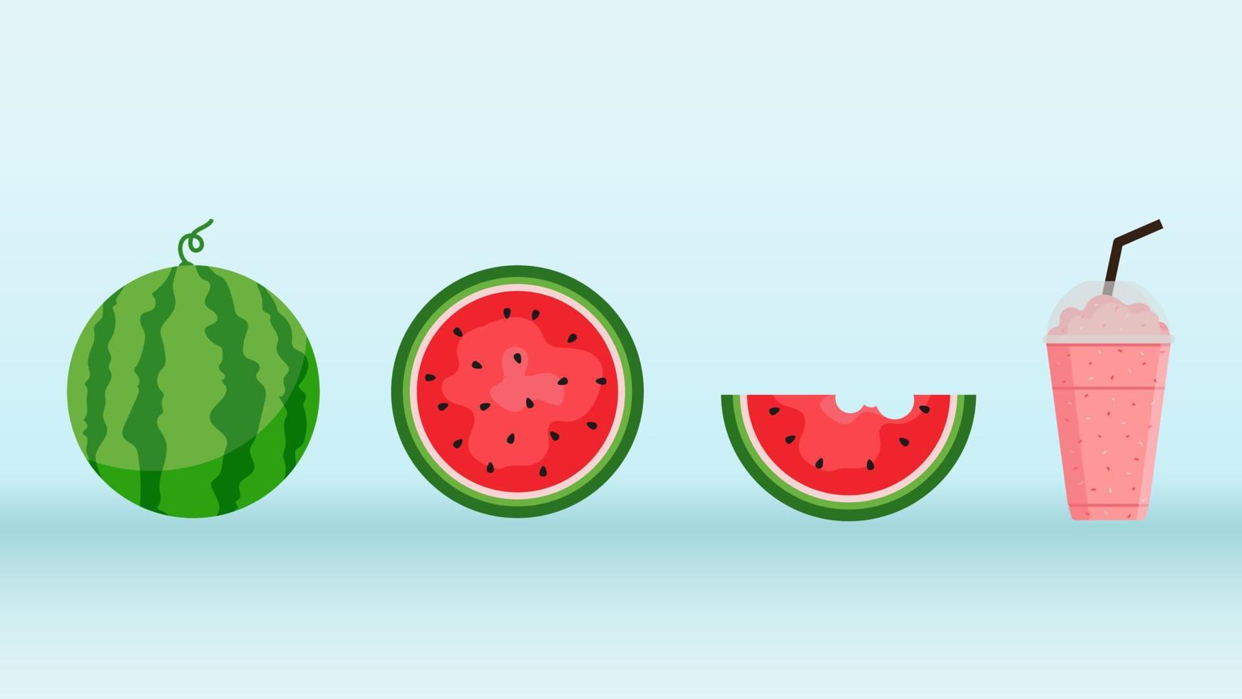 watermeloen en sappige plakjes vector set, platte ontwerp van groene bladeren en watermeloen bloem illustratie, vers en sappig fruit concept van zomervoedsel.