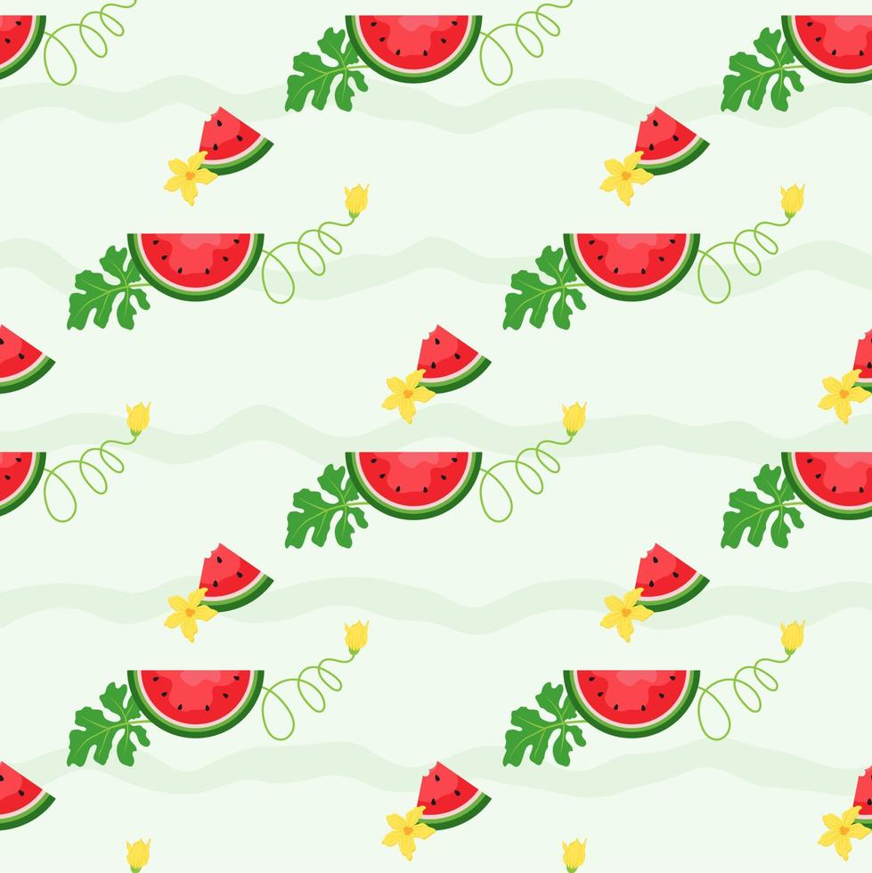 watermeloenachtergrond en naadloos patroon, vlak ontwerp van groene bladeren en bloem en watermeloensapillustratie, vers en sappig fruitconcept de zomervoedsel. vector