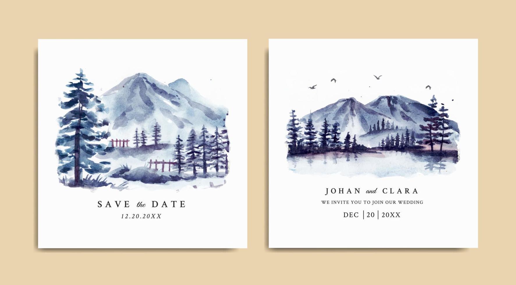 aquarel bruiloft uitnodiging set met winterlandschap en ijzige berg vector