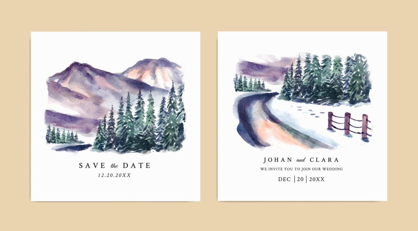huwelijksuitnodiging set van winterlandschap met berg- en pijnbomen aquarel vector