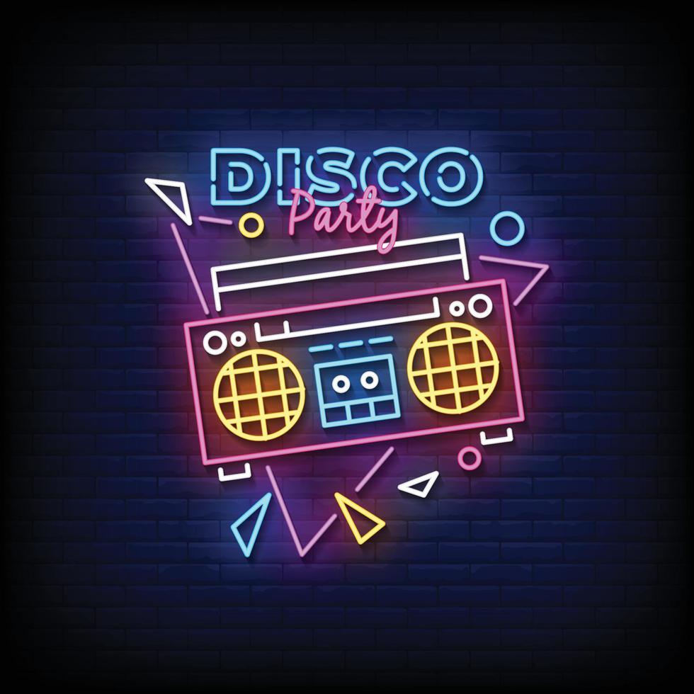 disco party neon teken op bakstenen muur achtergrond vector