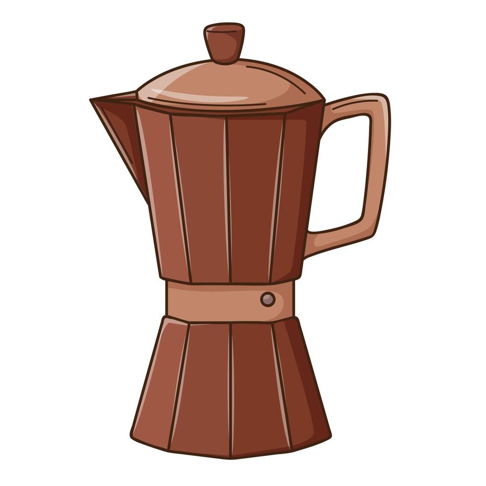 koffiepot, geiser koffiezetapparaat. turk voor koffie, keukenapparatuur. ontwerpelement met omtrek. krabbel, met de hand getekend. plat ontwerp. kleur vectorillustratie. geïsoleerd op een witte achtergrond. vector