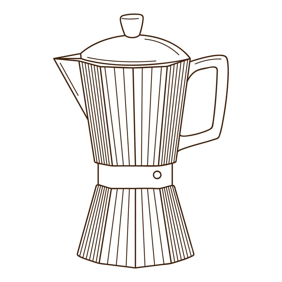 koffiepot, geiser koffiezetapparaat. turk voor koffie, keukenapparatuur. ontwerpelement met omtrek. krabbel, met de hand getekend. zwart wit vectorillustratie. geïsoleerd op een witte achtergrond vector