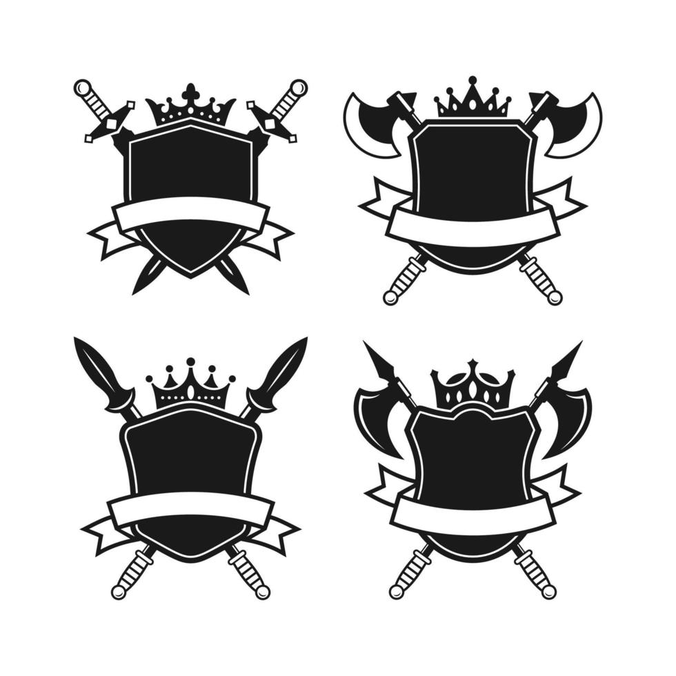 badge schild ridder wapen en koningskroon met lint logo design collectie vector